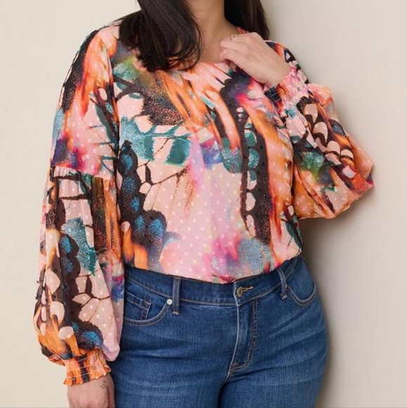 torrid Tops - Torrid plus floral blouson long sleeves scoop neck top, 4XL, orange